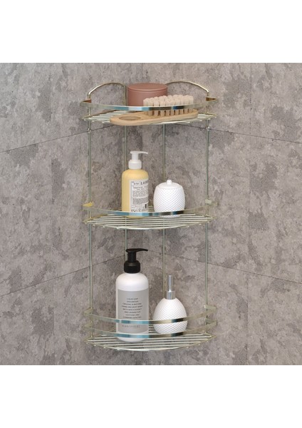 3 Katlı Banyo Duş Köşe Rafı Altın Lm009