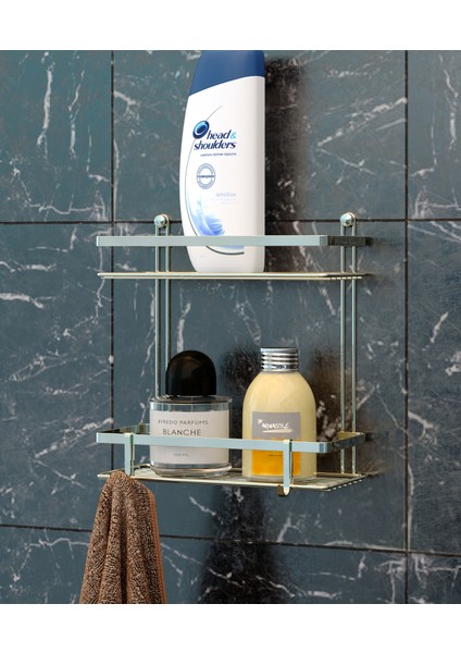 2 Katlı Kancalı Banyo Rafı Altın Es067H fiyatları