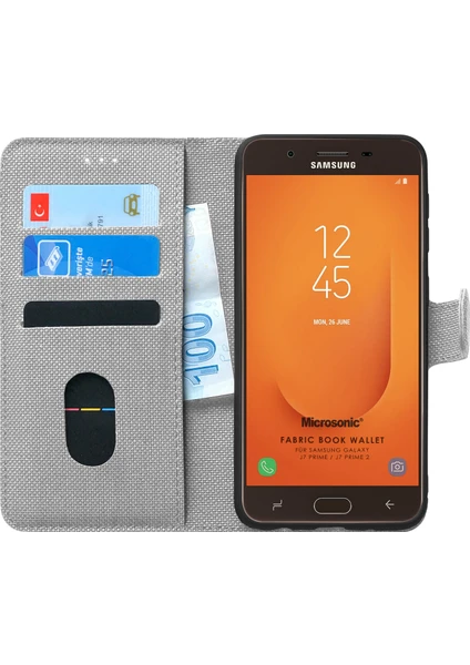 Samsung Galaxy J7 Prime 2 Kılıf Fabric Book Wallet Gri