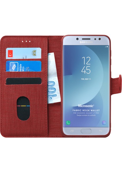 Samsung Galaxy J7 Pro Kılıf Fabric Book Wallet Kırmızı