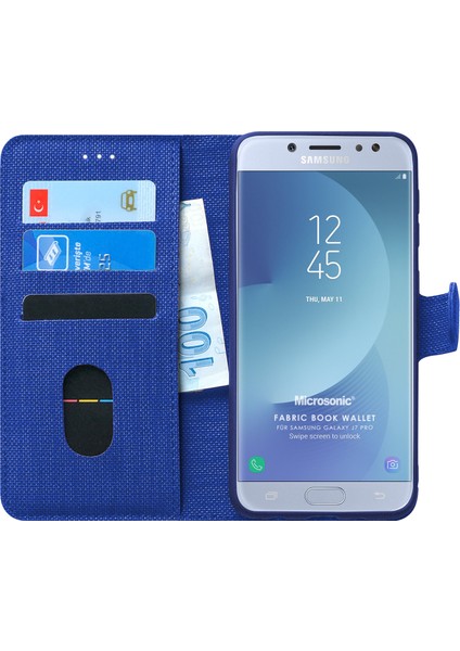 Samsung Galaxy J7 Pro Kılıf Fabric Book Wallet Mavi