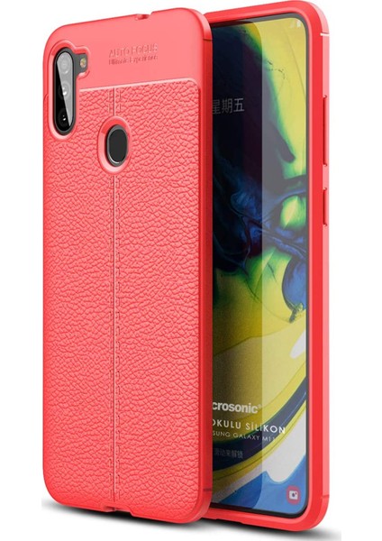 Samsung Galaxy M11 Kılıf Deri Dokulu Silikon Kırmızı