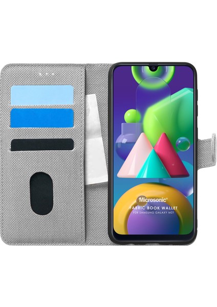 Samsung Galaxy M21 Kılıf Fabric Book Wallet Gri