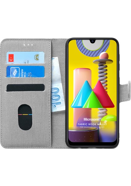 Samsung Galaxy M31 Kılıf Fabric Book Wallet Gri