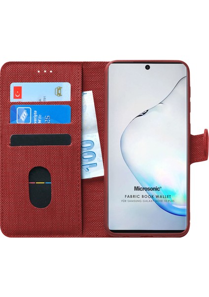 Samsung Galaxy Note 10 Plus Kılıf Fabric Book Wallet Kırmızı