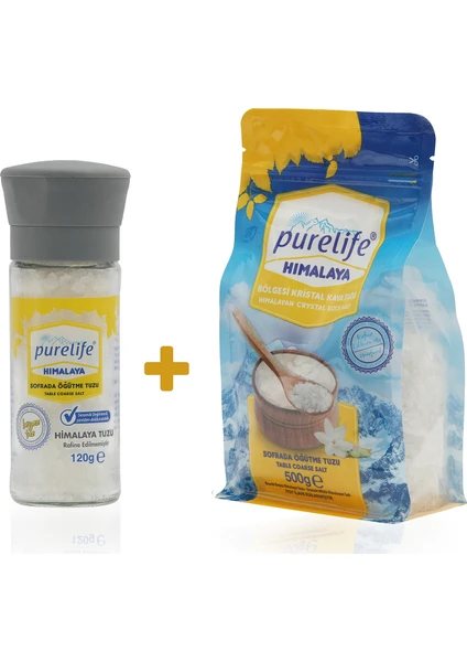 Pure Life Himalaya Tuzu - SET - Granül Kristal Kaya Tuzu Beyaz 500g + Seramik Değirmenli 120g