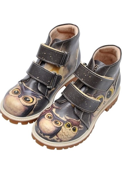 Çocuk Vegan Deri Siyah Günlük Bot - Owls Family Tasarım
