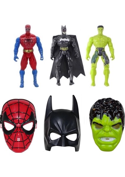 Örümcek Adam Spiderman + Batman + Hulk Figür + Maske 6'lı Set