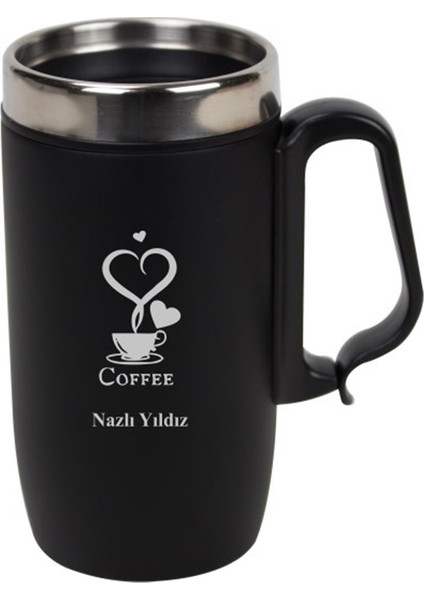 İsme Özel Kulplu Çelik Termos Bardak Mat Siyah 280 ml