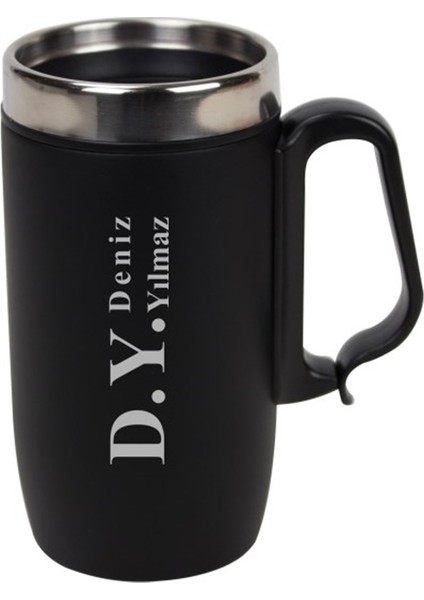 İsme Özel Kulplu Çelik Termos Bardak Mat Siyah 280 ml
