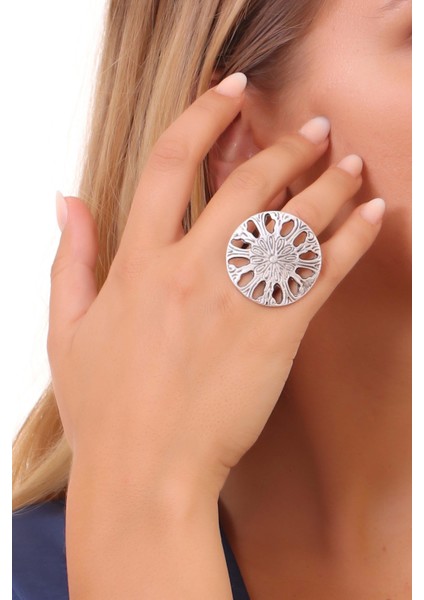 Kadın Antik Gümüş Kaplama Ayarlanabilir Baskılı Dairsel Yüzük fiyatları