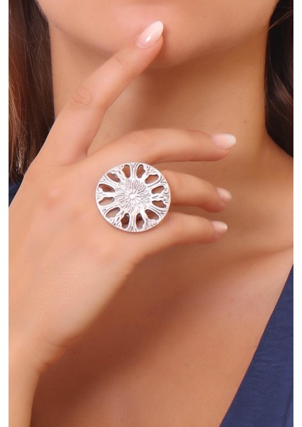 Kadın Antik Gümüş Kaplama Ayarlanabilir Baskılı Dairsel Yüzük modelleri