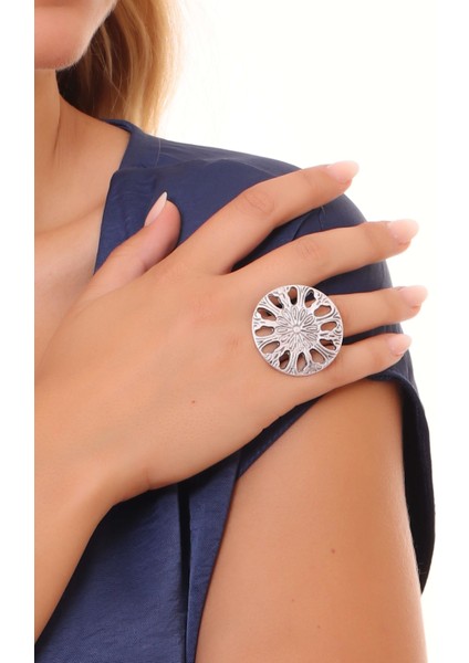 Kadın Antik Gümüş Kaplama Ayarlanabilir Baskılı Dairsel Yüzük indirimleri