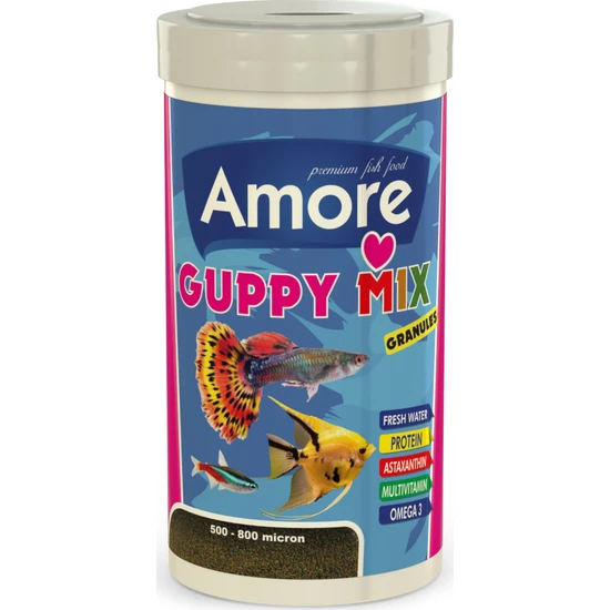 Amore Guppy Mix Granules 250 ml Astaxanthin ve Algea Tropical Lepistes Melek Tetra Tropikal Balık Yemi