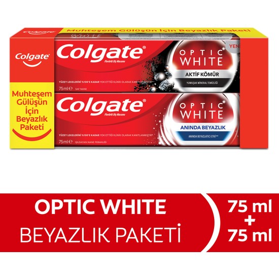 Colgate Optik Beyaz Aktif Kömür & Anında Beyazlık Beyazlatıcı Diş Macunu 75 ml x 2 Adet