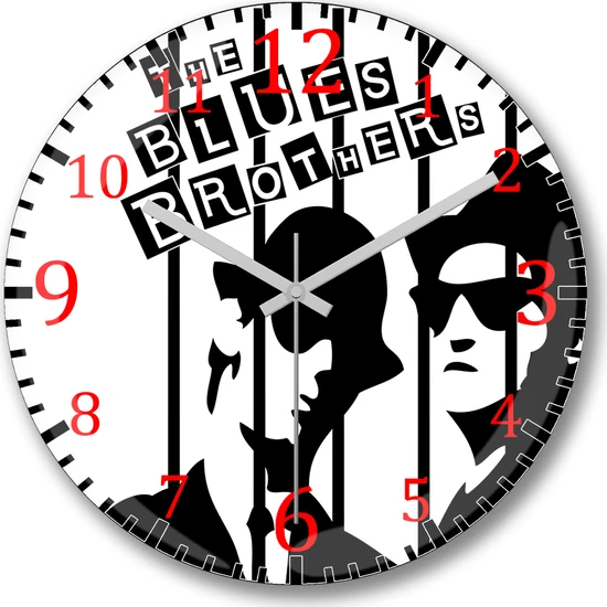 Baskı Dükkanı The Blues Brothers Siyah Beyaz Duvar Saati Bombeli Gerçek Cam