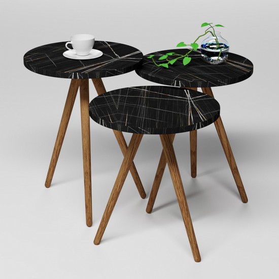 Albero Mobilya Siyah Yuvarlak Mermer Desenli 3lü Zigon Albero Mobilya Siyah Yuvarlak Mermer Desenli 3lü Zigon