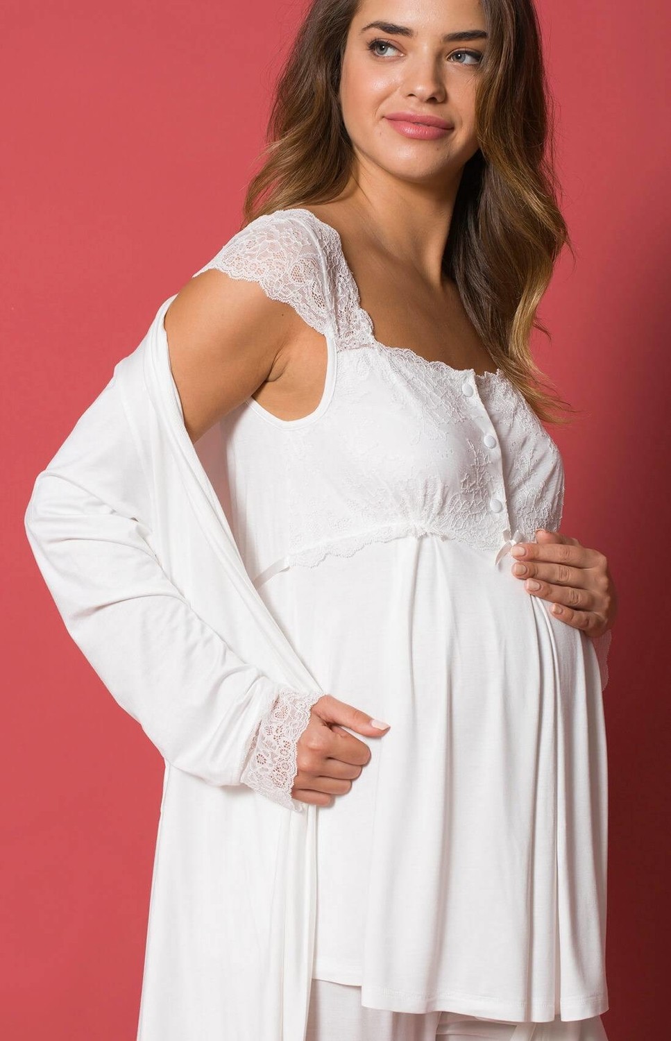 Monamise Dantelli Önü Düğmeli Hamile Lohusa 3'lü Pijama Takımı 18203 görsel 3