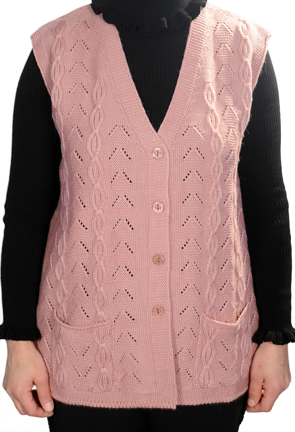 Fresh Moda Kadın Pudra V Yaka Zincir Örgü Yün Triko Anne Yelek görsel 2