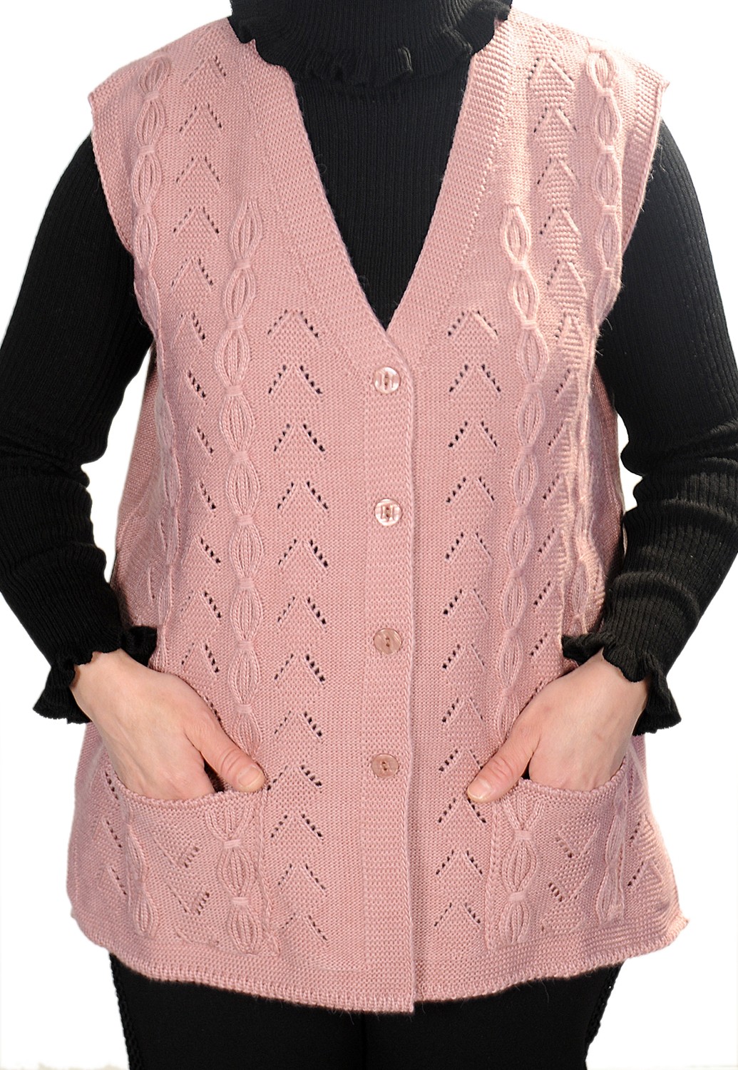 Fresh Moda Kadın Pudra V Yaka Zincir Örgü Yün Triko Anne Yelek