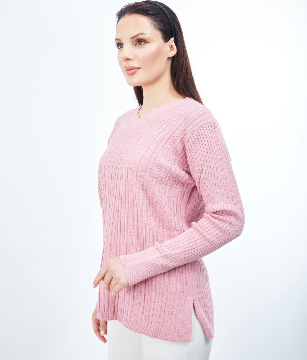 Fresh Moda Kadın Pudra Triko V Yaka Kışlık Anne Esnek Kazak görsel 3