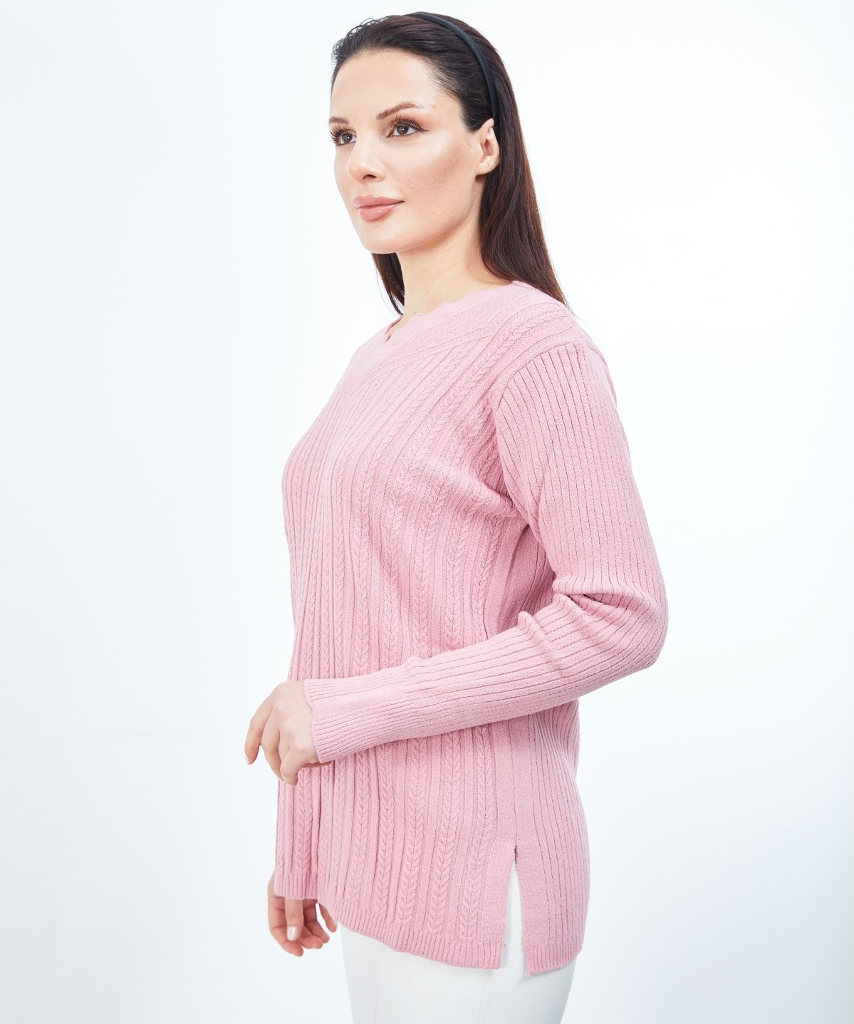 Fresh Moda Kadın Pudra Triko V Yaka Kışlık Anne Esnek Kazak görsel 2