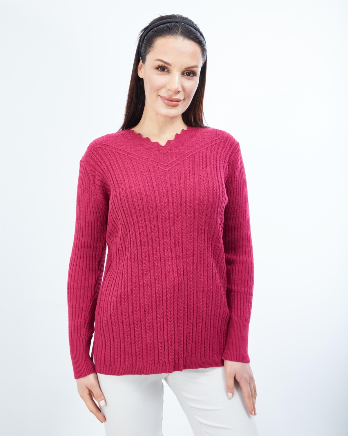 Fresh Moda Kadın Gül Kurusu Triko V Yaka Kışlık Anne Esnek Kazak görsel 5