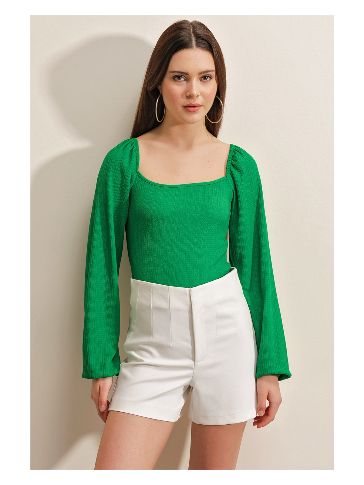 Bigdart 0465 Balon Kollu Örme Bluz - Beyaz - Görsel 4