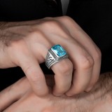 Argento Silver Oktegon Kesim  Aqua Taşlı  925 Ayar Gümüş Yüzük