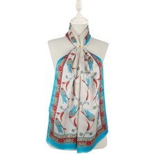 Bursa İpek Turkuaz Ekru Sıra Lale Ipek Fular