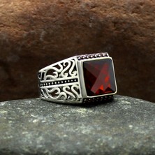 Argento Silver Kırmızı Zirkon Taşlı Faset Kesim 925 Ayar Gümüş Erkek Yüzük