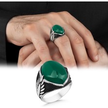 Argento Silver Yeşil Akik Taşlı 925 Ayar Gümüş Erkek Yüzük
