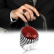 Argento Silver 925 Ayar Gümüş Erkek Yüzük Kırmızı Akik Taşlı