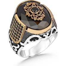 Argento Silver 925 Ayar Gümüş Erkek Yüzük Siyah Zirkon Taşlı