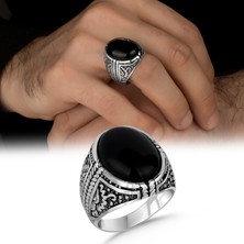 Argento Silver Siyah Oniks Taşlı 925 Ayar Gümüş Erkek Yüzük