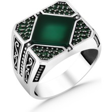 Argento Silver Yeşil Akik Taşlı 925 Ayar Gümüş Yüzük Maden = 925 Ayar Gümüş