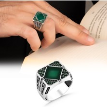 Argento Silver Yeşil Akik Taşlı 925 Ayar Gümüş Yüzük Maden = 925 Ayar Gümüş