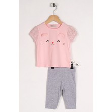 Zepkids Kız Çocuk Pembe Renkli Kedi Baskılı Kolları Lastikli Taytlı Takım