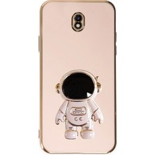 Dlrcase Samsung Galaxy J7 Pro Kılıf Kamera Korumalı Astronot Desenli Standlı Silikon Pembe