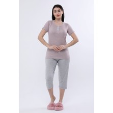 Angelina Kadın Pembe Gri Çizgili Kaprili Kısa Kol Bambu Rahat Pijama Takımı 6189
