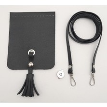 Angel Çanta Aksesuar Siyah Suni Deri Püskül Kapaklı Cep Telefonu Mini Bag Çanta Seti Gümüş Metal