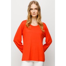 Desen Triko Kadın Sıfır Yaka Basic Penye Bluz Oranj