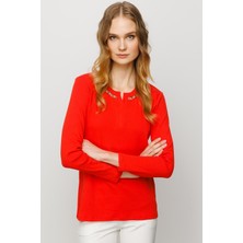 Desen Triko Kadın Yakası Işlemeli Kaşkorse Pamuk Bluz Oranj