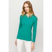 Desen Triko Kadın Yakası Işlemeli Kaşkorse Pamuk Bluz Yeşil