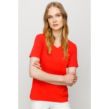 Desen Triko Kadın V Yaka Kaşkorse Pamuk T-Shirt Oranj