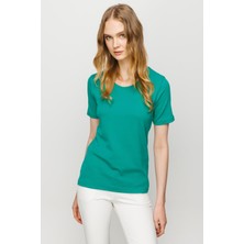 Desen Triko Kadın Sıfır Yaka Kısa Kol Pamuk Kaşkorse T-Shirt Yeşil