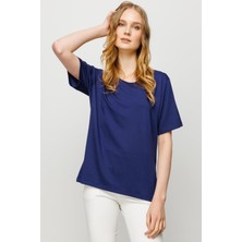 Desen Triko Kadın Sıfır Yaka Basic Penye T-Shirt Lacivert