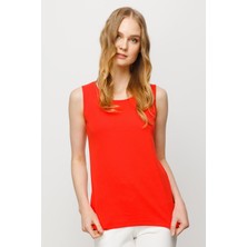 Desen Triko Kadın Sıfır Yaka Kaşkorse Pamuklu Askılı T-Shirt Oranj