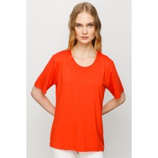 Desen Triko Kadın Sıfır Yaka Basic Penye T-Shirt Oranj