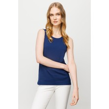 Desen Triko Kadın Sıfır Yaka Kaşkorse Pamuklu Askılı T-Shirt Lacivert